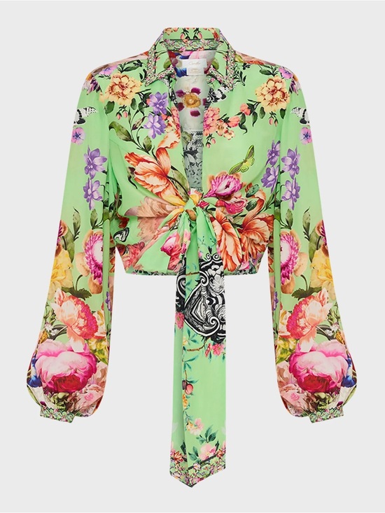 Camilla Tops - CAMILLA Porcelain Dream Print Tie Front Silk
Crepe Crop Shirt In Green Size L